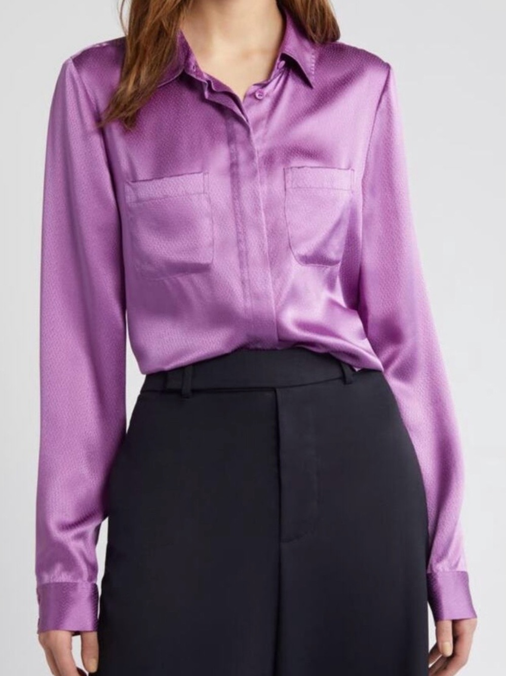 Frame Orchid Purple Satin Button Down Blouse NWT large  428$